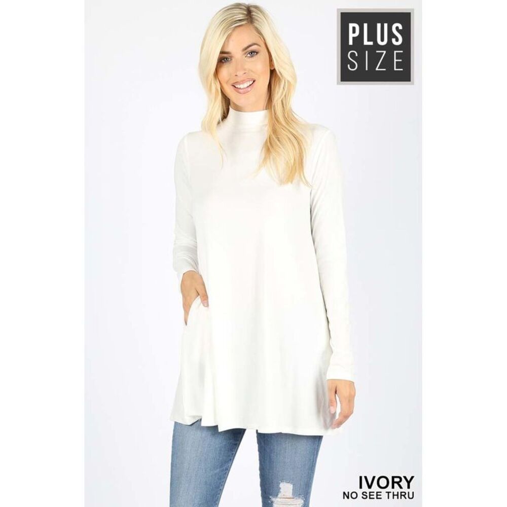 World of Leggings Long Sleeve Mock Neck Plus Size Top with Pockets